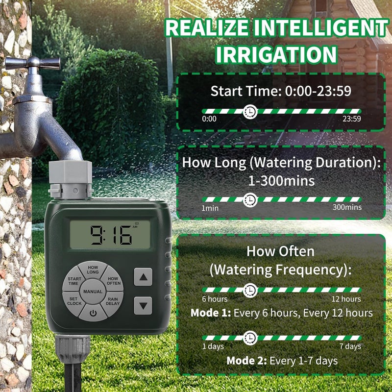 Zuomeng Sprinkler Timer, Programmable Irrigation Water Timer for Garden Hose, Solar/Battery Dual Power & Professional Leak-Proof Design, Rain Delay/Auto/Manual Watering System, Green - Image 5